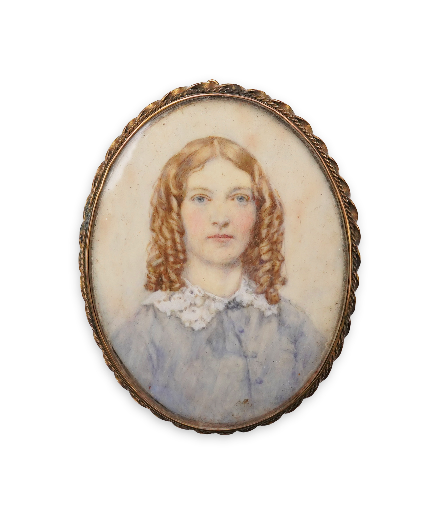 Victorian school, portrait miniature of a young lady with ringlets, watercolour on ivory, housed in a brooch mount, 5.5 x 4cm CITES Submission reference 655NTHGN
